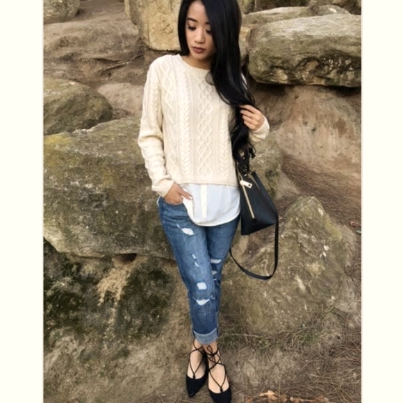 COPY - Monteau Cable Knit Elbow Patch Layered Sweater - Picture 2 of 11